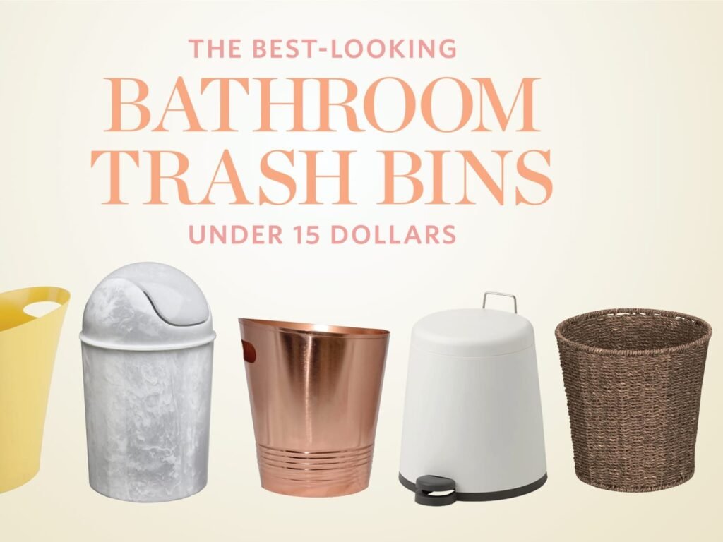 Modern bathroom trash cans arranged in a bright, minimalist, and clean bathroom setting.