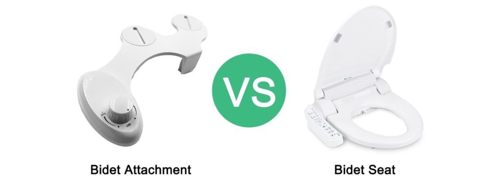 Modern bidet attachment and bidet seat displayed for a bathroom upgrade comparison.
