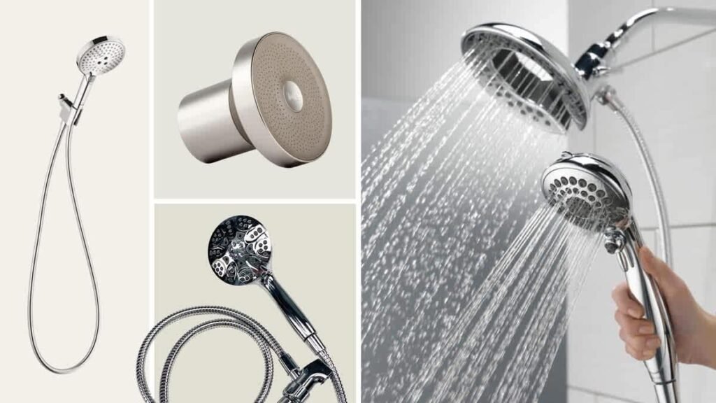 A modern chrome shower head in a clean bathroom represents the best shower heads.