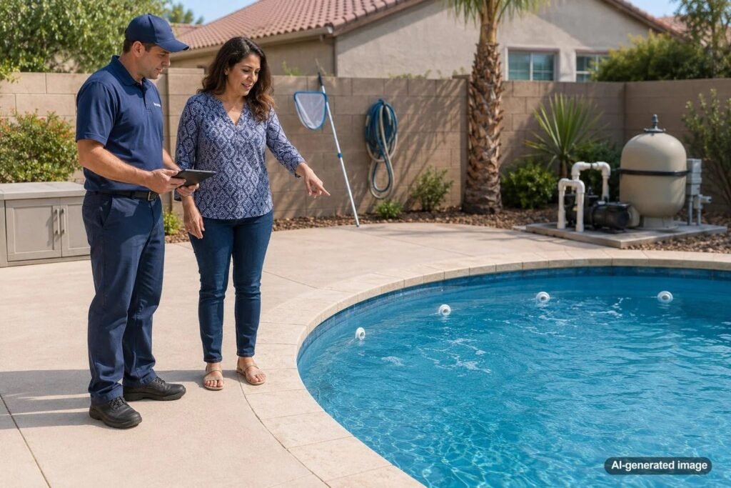 Modern concrete pool with three return jets showing proper placement for renovation planning.