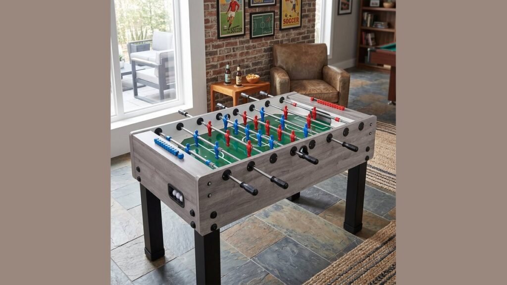 A modern foosball table sits in a sunny living room ready for play