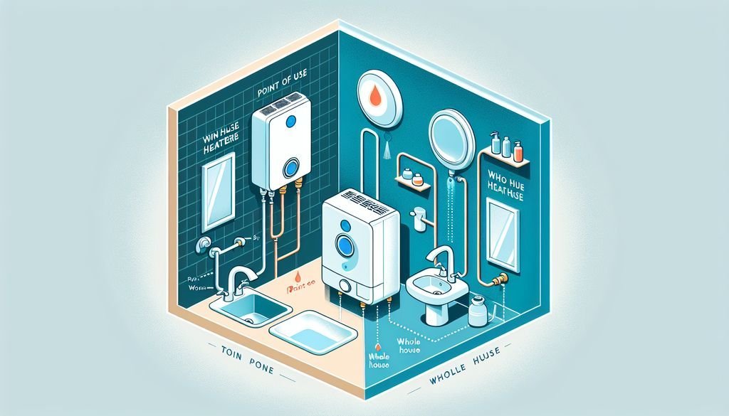 A modern home interior comparing whole house and point of use water heaters.