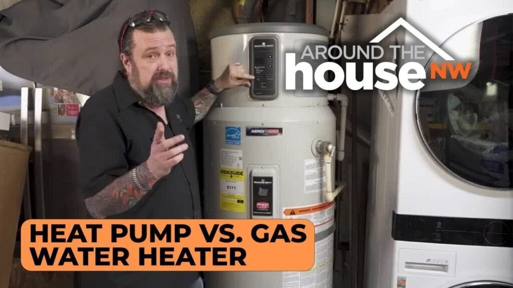 A modern home utility room showing a heat pump and gas water heater side-by-side.