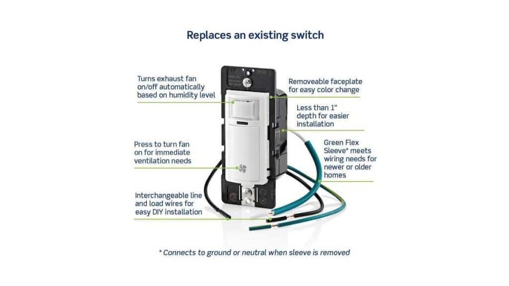 Modern humidity sensor wall switch for a bathroom exhaust fan on tiled wall.