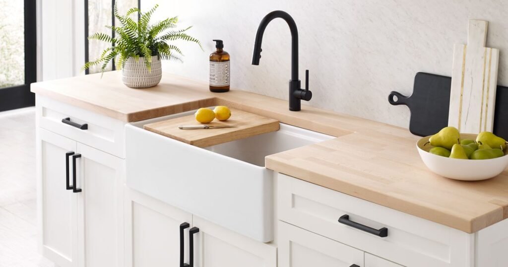 A modern kitchen featuring a sleek stainless steel sink set in marble countertops.