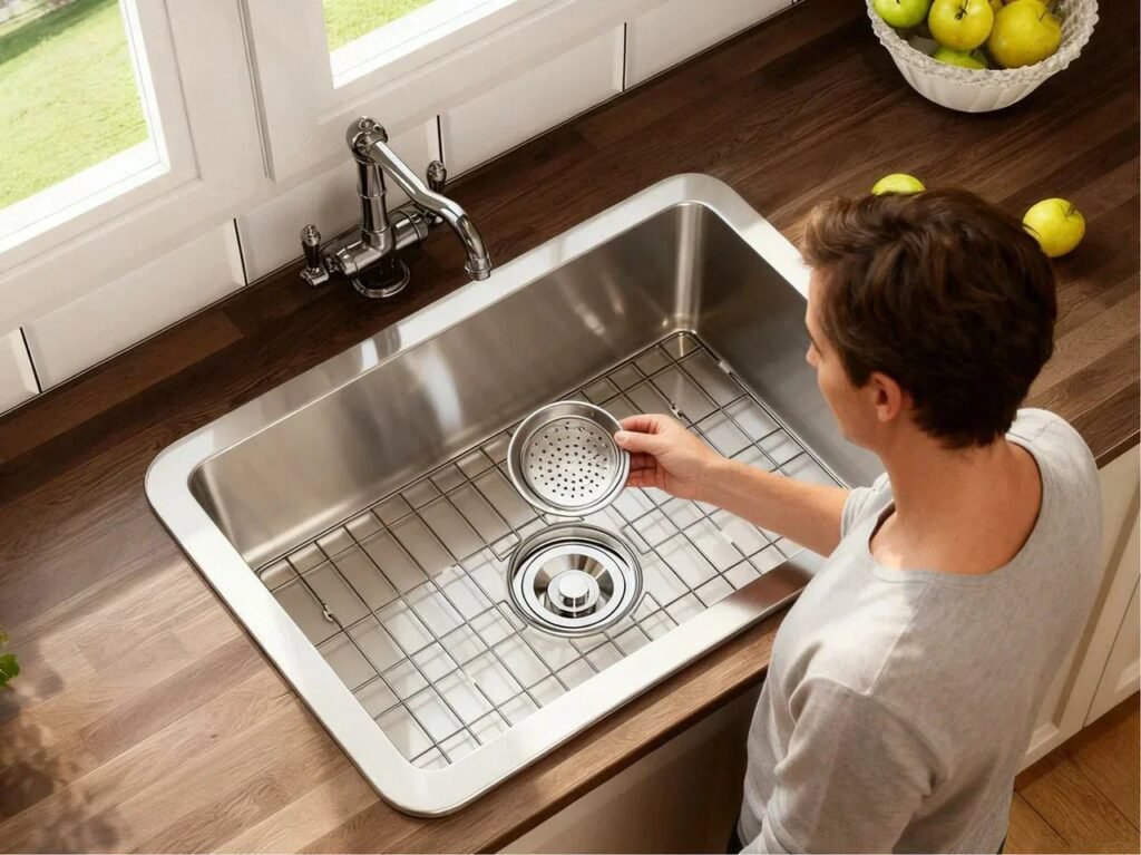 A modern kitchen sink strainer set into a clean white marble countertop.