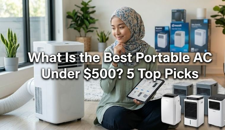 Modern portable air conditioner in a minimalist living room with natural light and cool tones