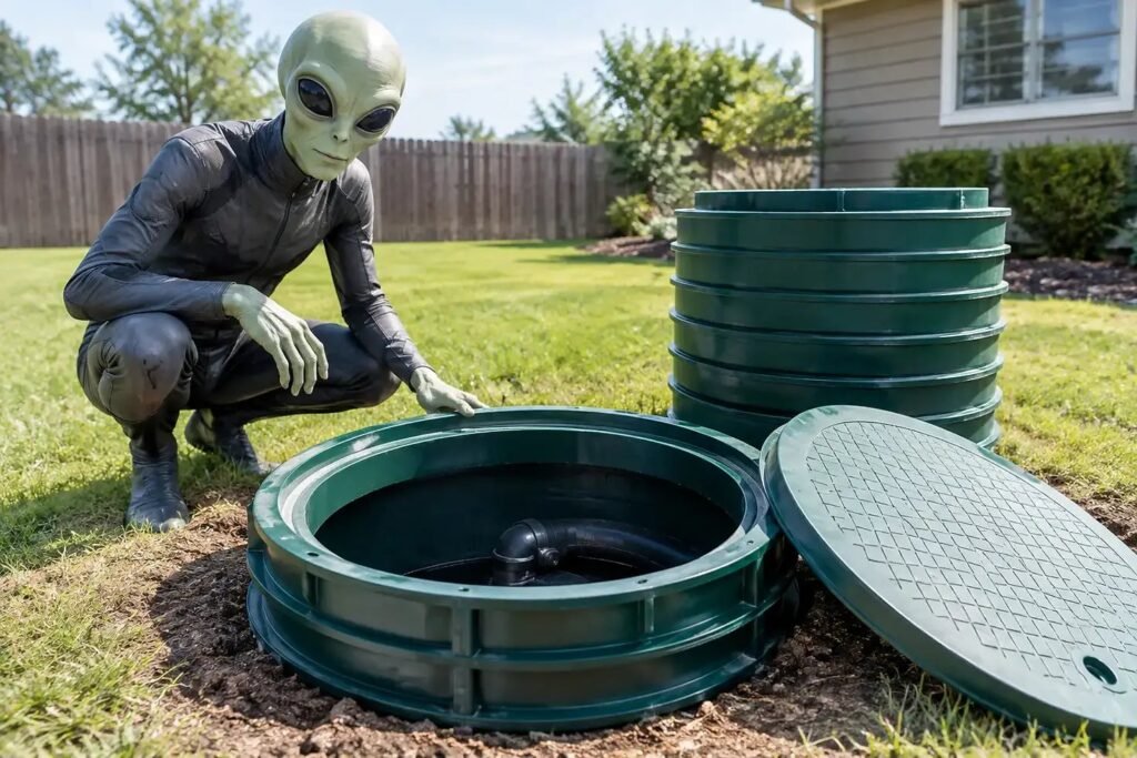 A modern septic riser kit installed in a backyard with a green lid.