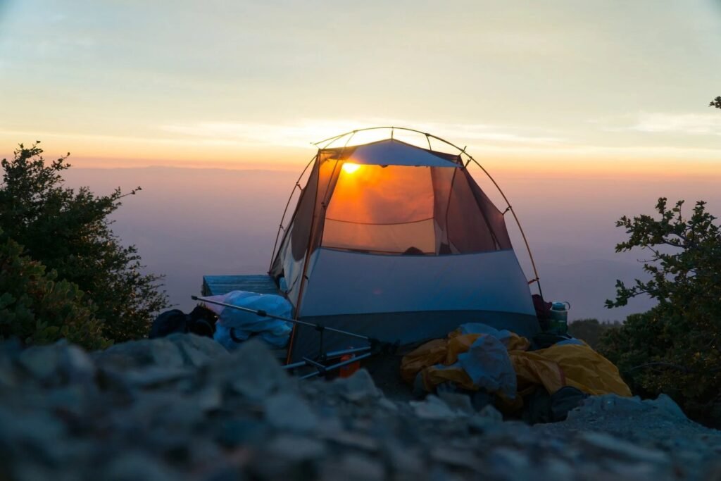 modern tent with reflective canopy in desert landscape for hot weather camping