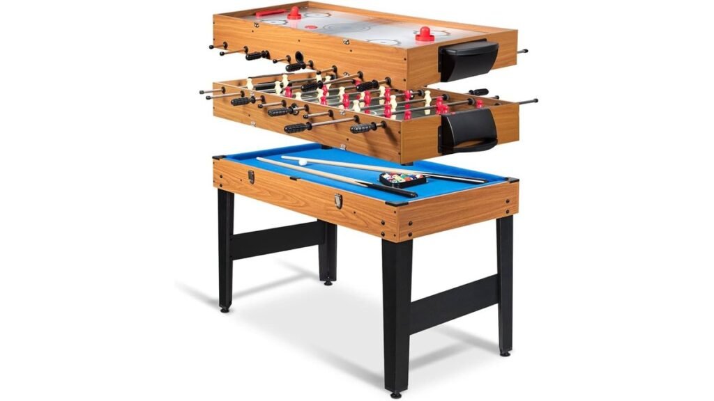 Modern three-in-one foosball table in a bright rec room