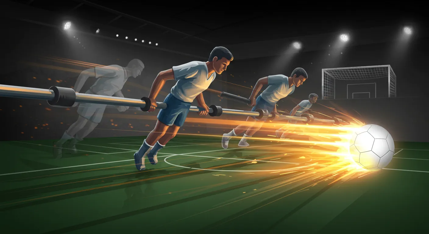 Multiple foosballs in motion demonstrating alternative shooting techniques
