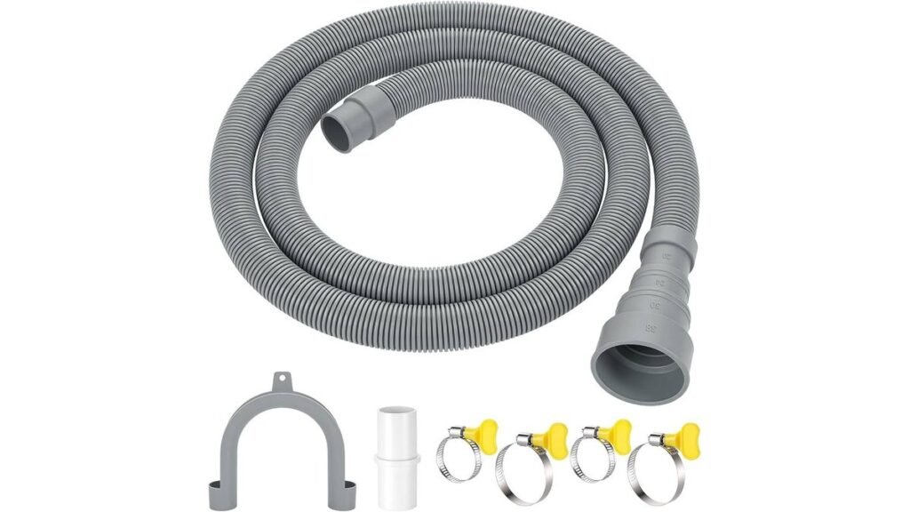 New braided stainless steel washing machine supply line kits resting on a clean floor.
