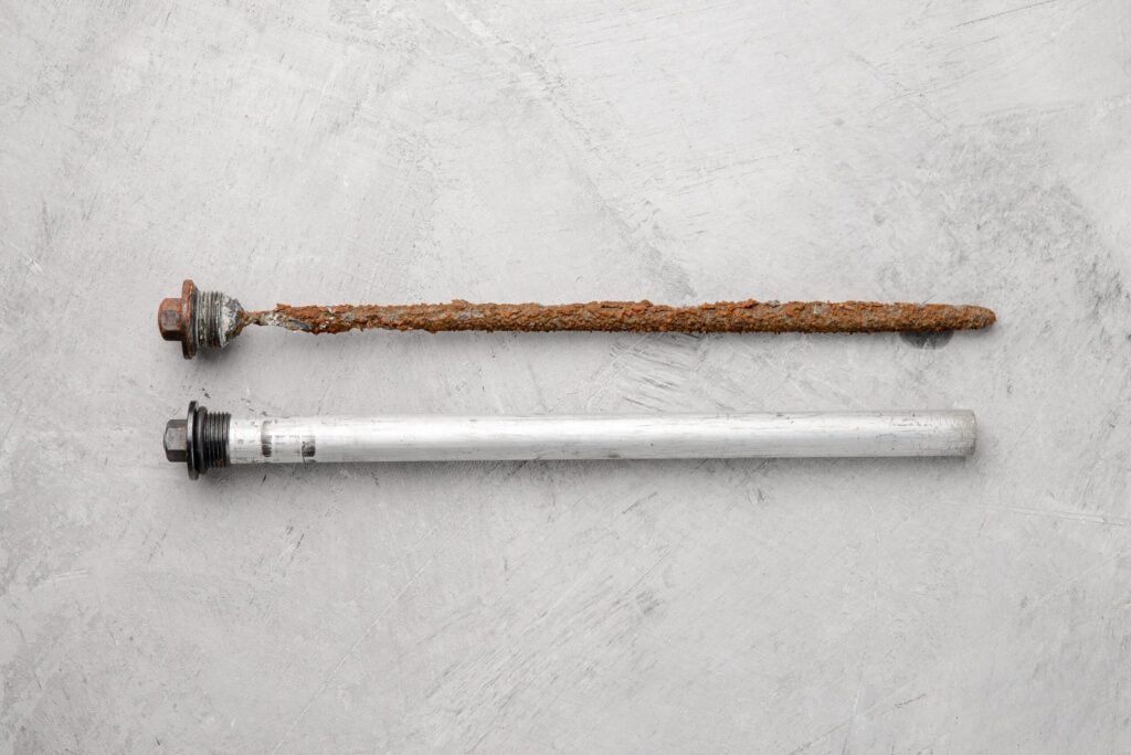 A new metal anode rod lying on a workbench for water heater maintenance.