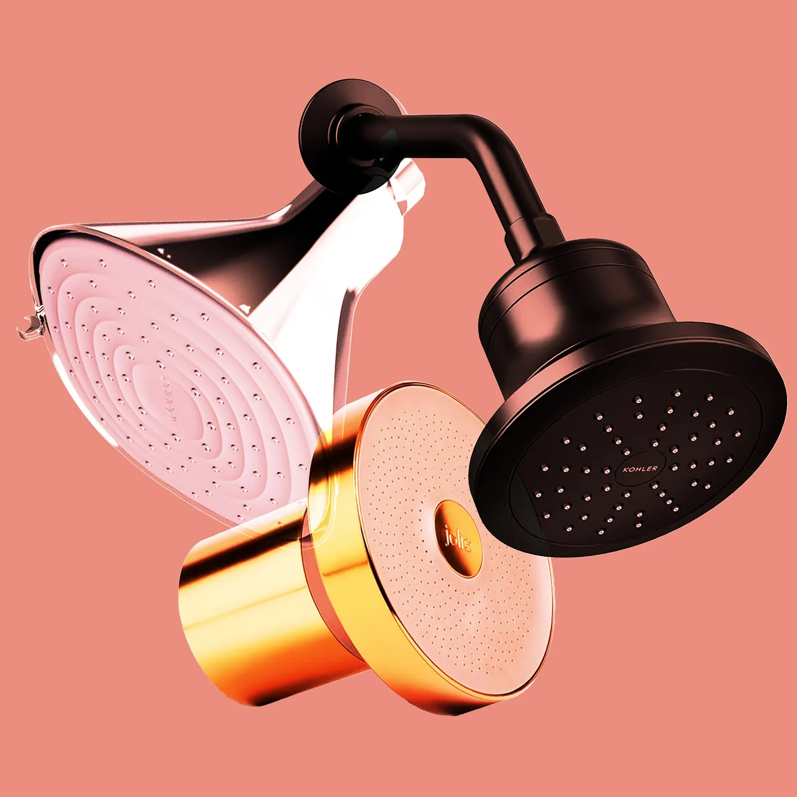 A new shower filter housing and replacement cartridges displayed on a vanity.
