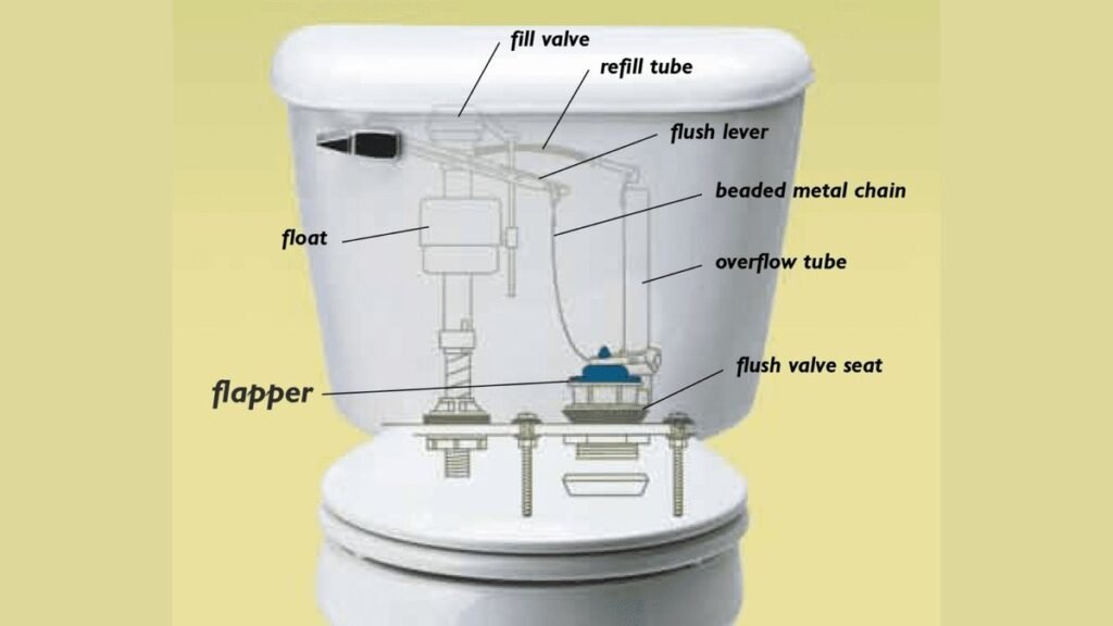 A new toilet flapper and fill valve ready for installation in a bathroom.