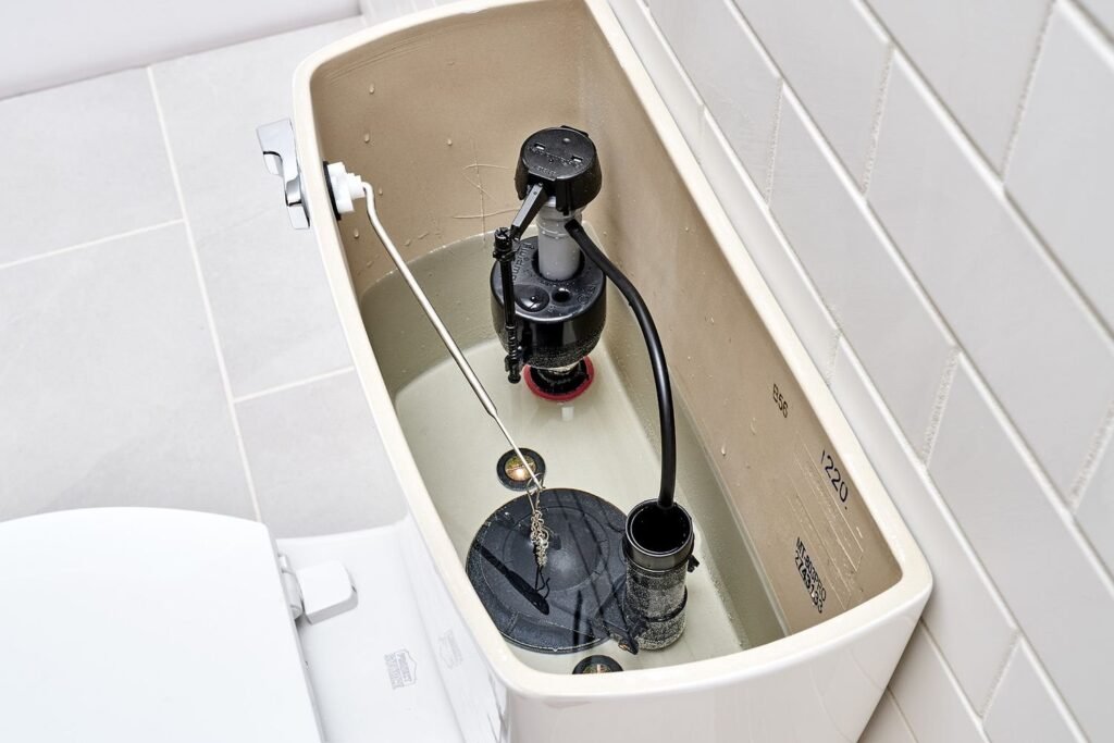 An open toilet tank showing the internal fill and flush valve assembly clearly.