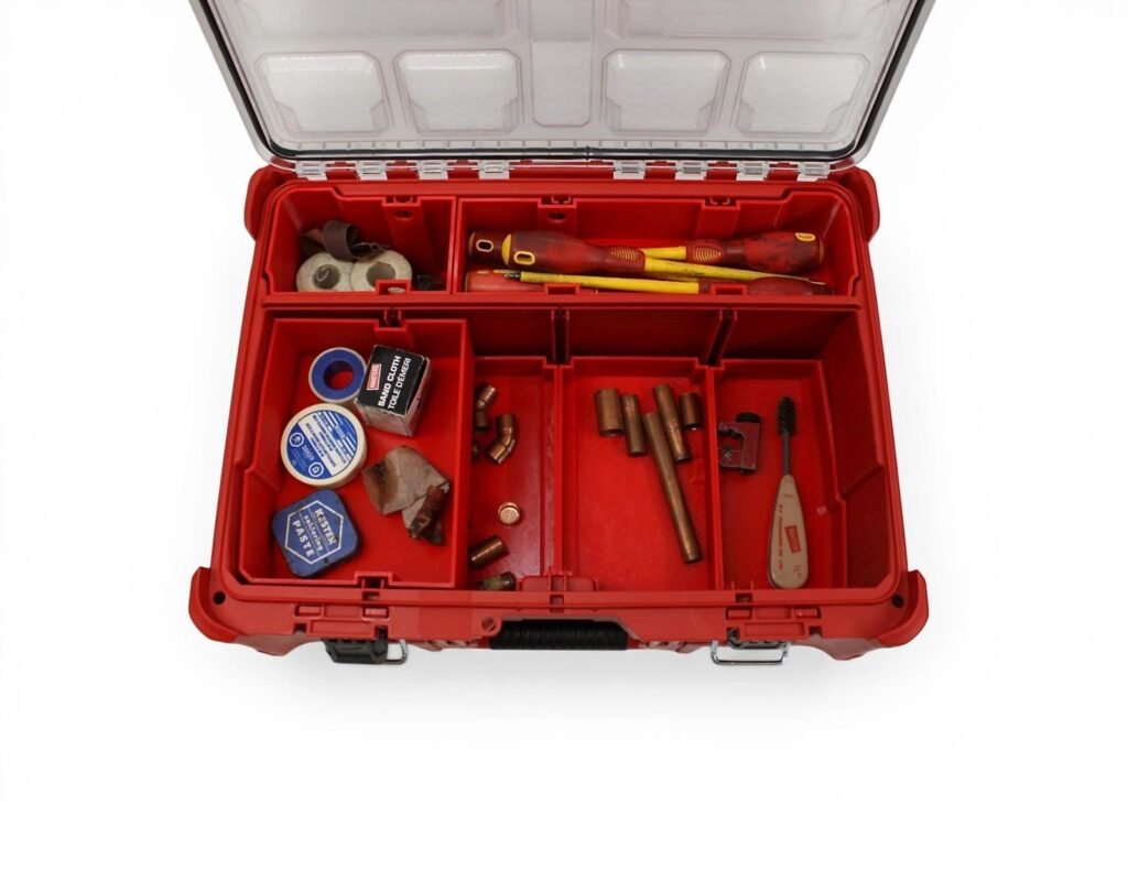 An organized collection of professional plumbing tools arranged neatly on a workshop floor.
