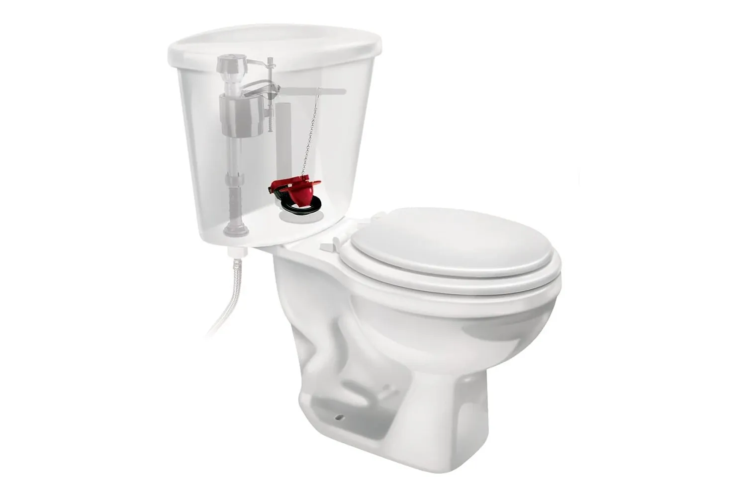 An organized display of various toilet flush valve brands and replacement parts.