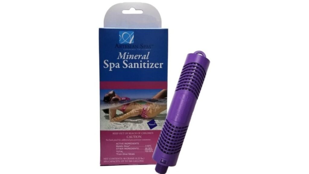 Outdoor spa in a forest comparing mineral cartridges and traditional sanitizers for water care.