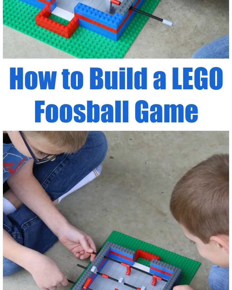 Partial lego foosball kit beside a permanent wooden table showing build alternatives.