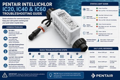 Pentair Intellichlor IC40 chlorinator installed near a clear swimming pool in sunlight.