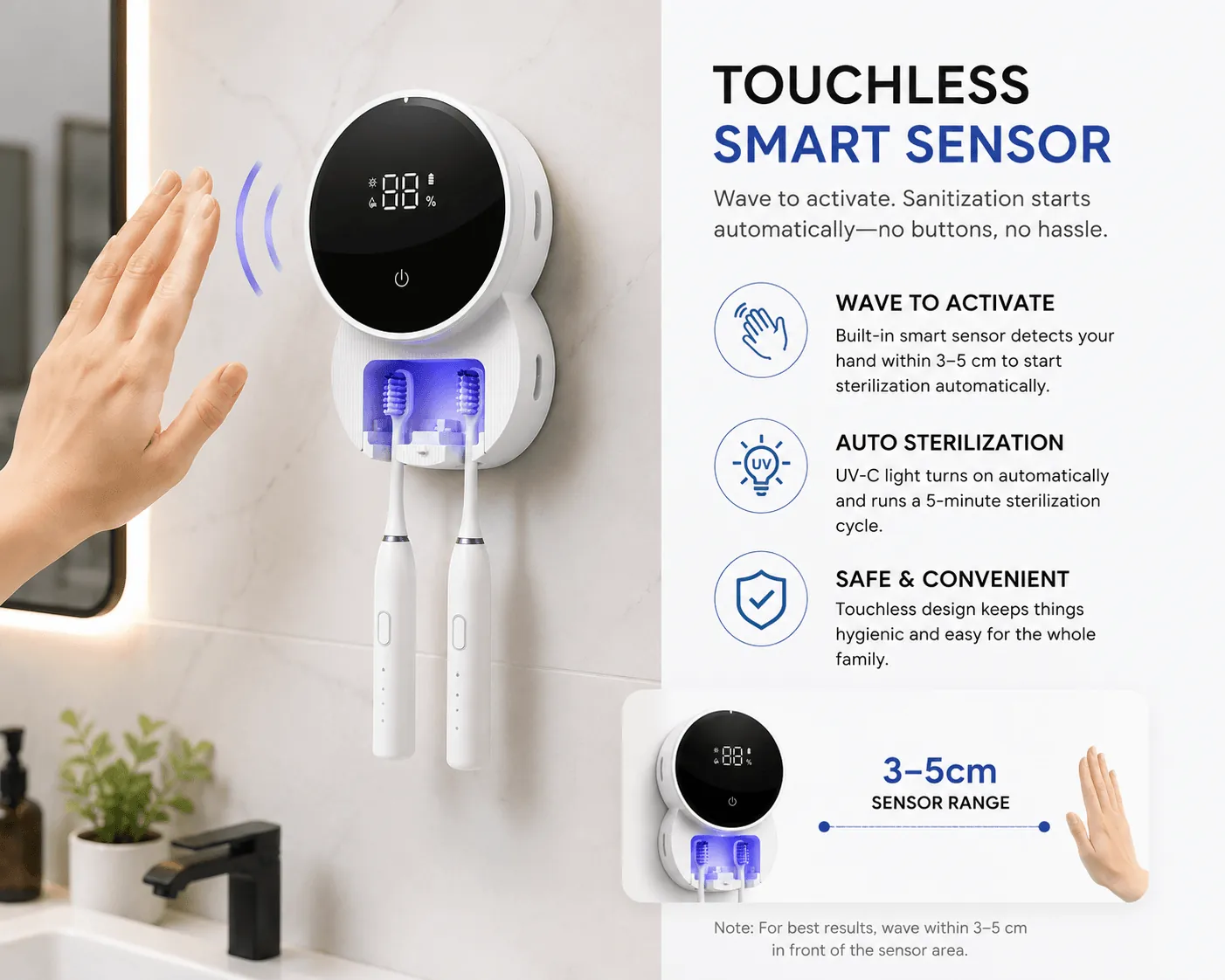 A person placing a toothbrush into a portable UV sanitizing device for cleaning.