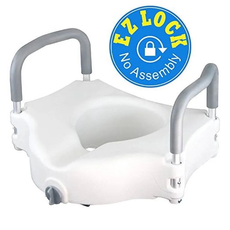 A person using an elevated toilet seat with armrests for added safety and comfort.
