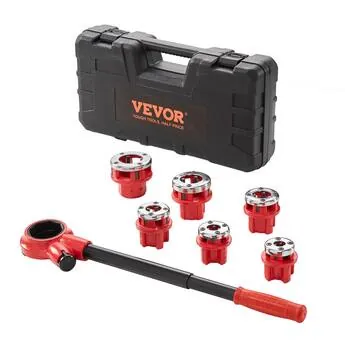 A person using a manual ratchet pipe threader to cut threads on a metal pipe.