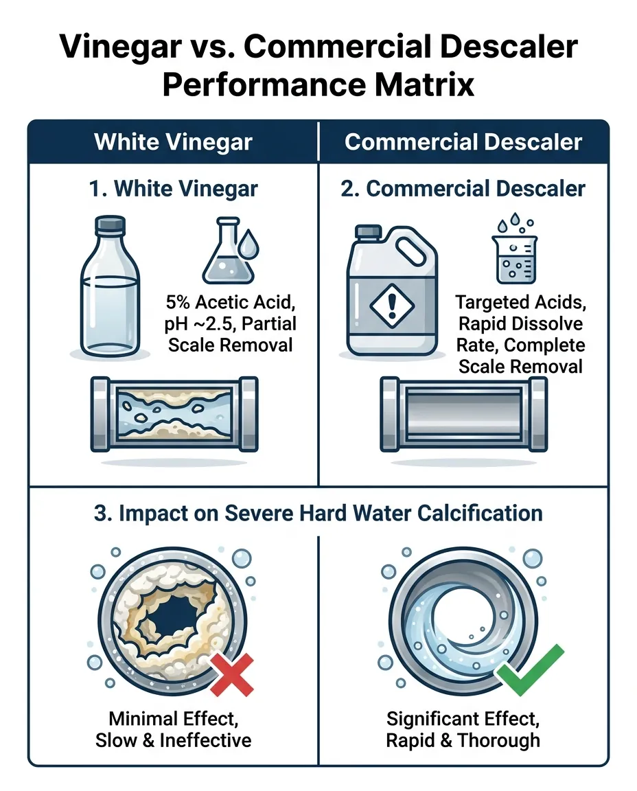 A person wearing safety gear prepares to clean bathroom fixtures to remove hard water buildup.