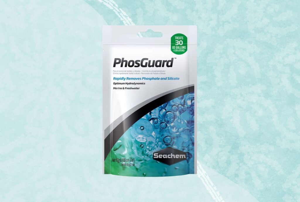 phosphate remover on white countertop with test strips and water