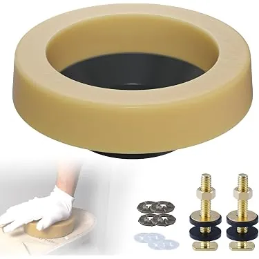 A plastic scraper being used to clean old wax from a toilet flange.