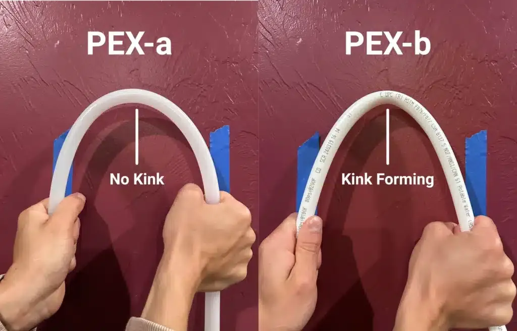 A plumber using a crimping tool to secure a copper ring onto PEX-B tubing.