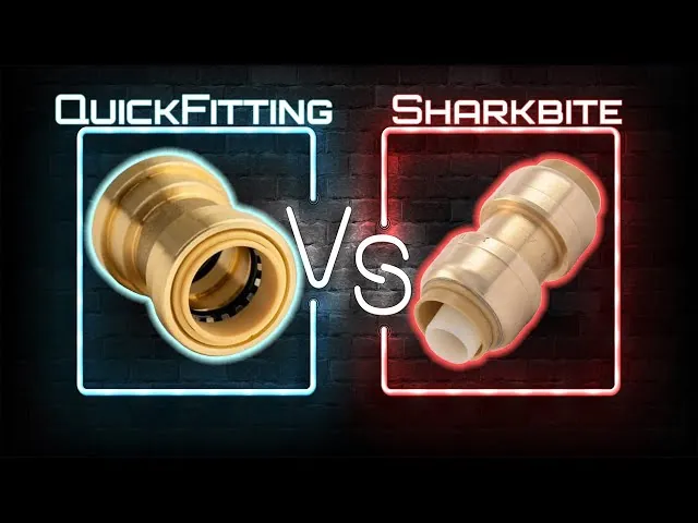 Plumbing tools and fittings arranged to compare SharkBite and copper pipe methods.