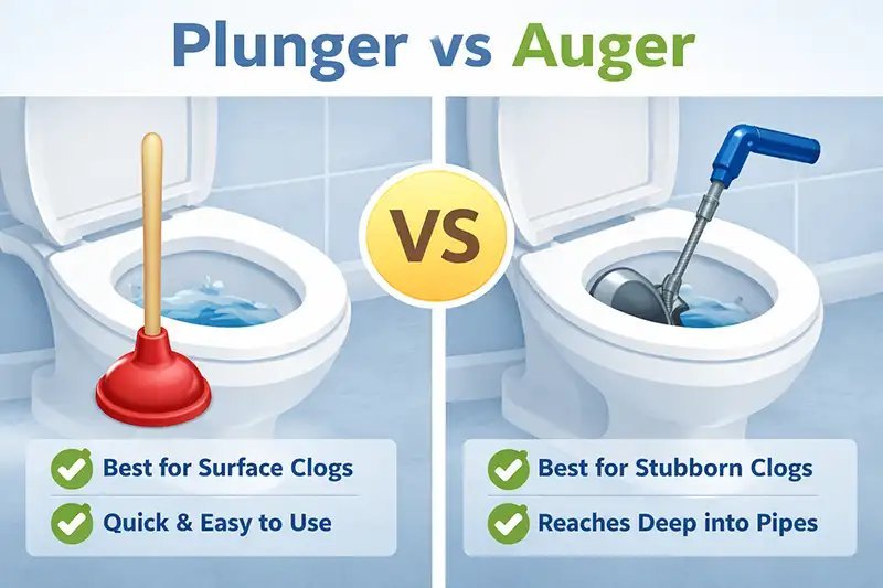 A plunger and a toilet auger sit on a bathroom floor near a toilet.