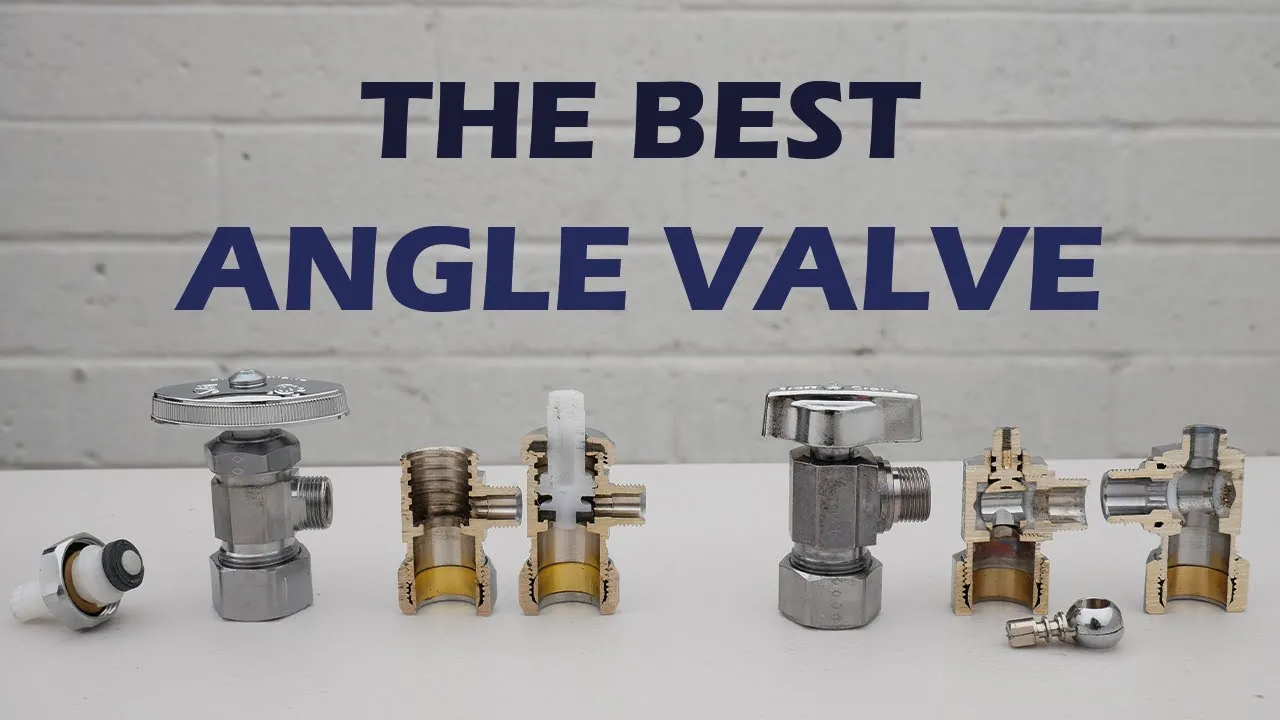 A polished chrome-plated brass angle stop valve installed in a modern bathroom setting.