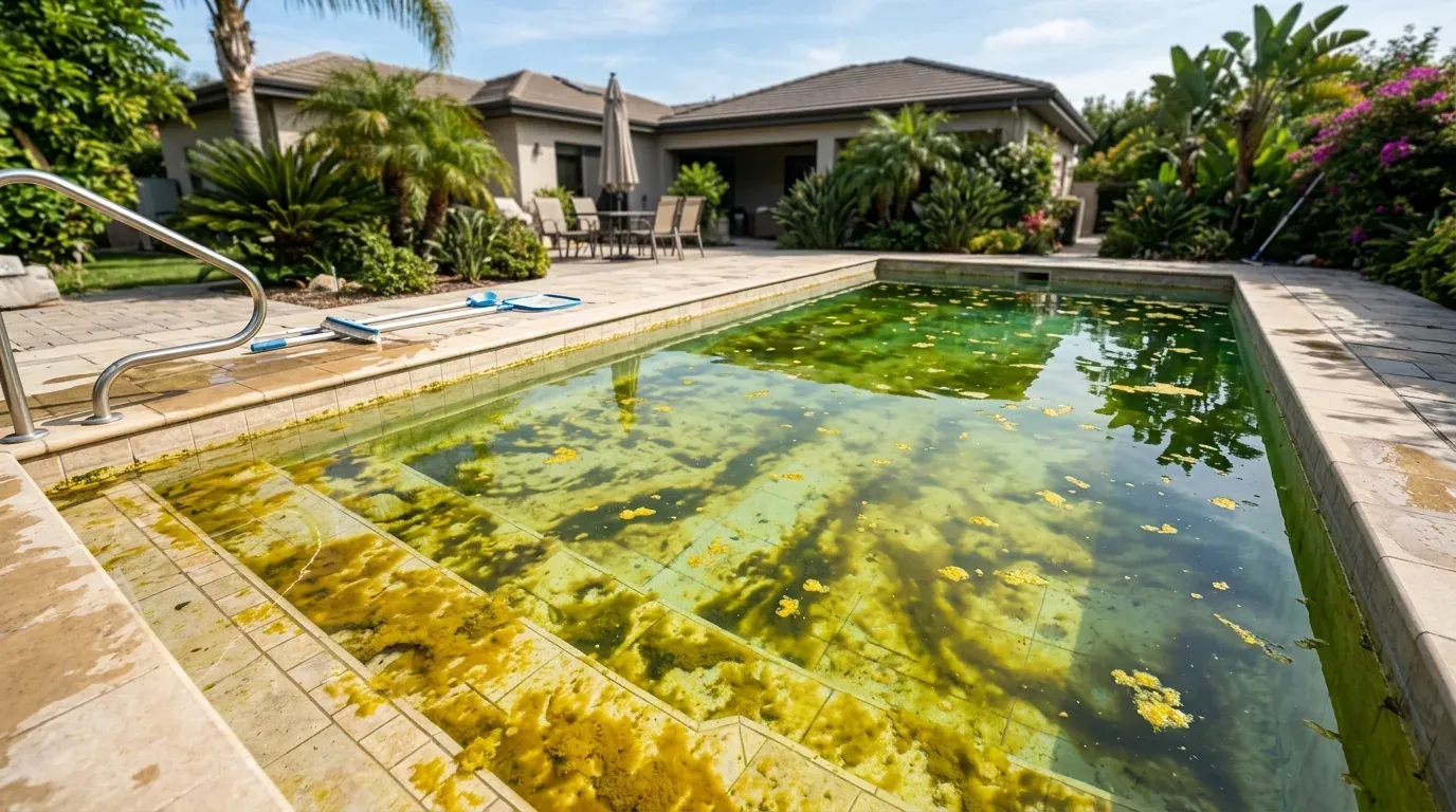 Pool brush and cleaning supplies ready for algae removal treatment.