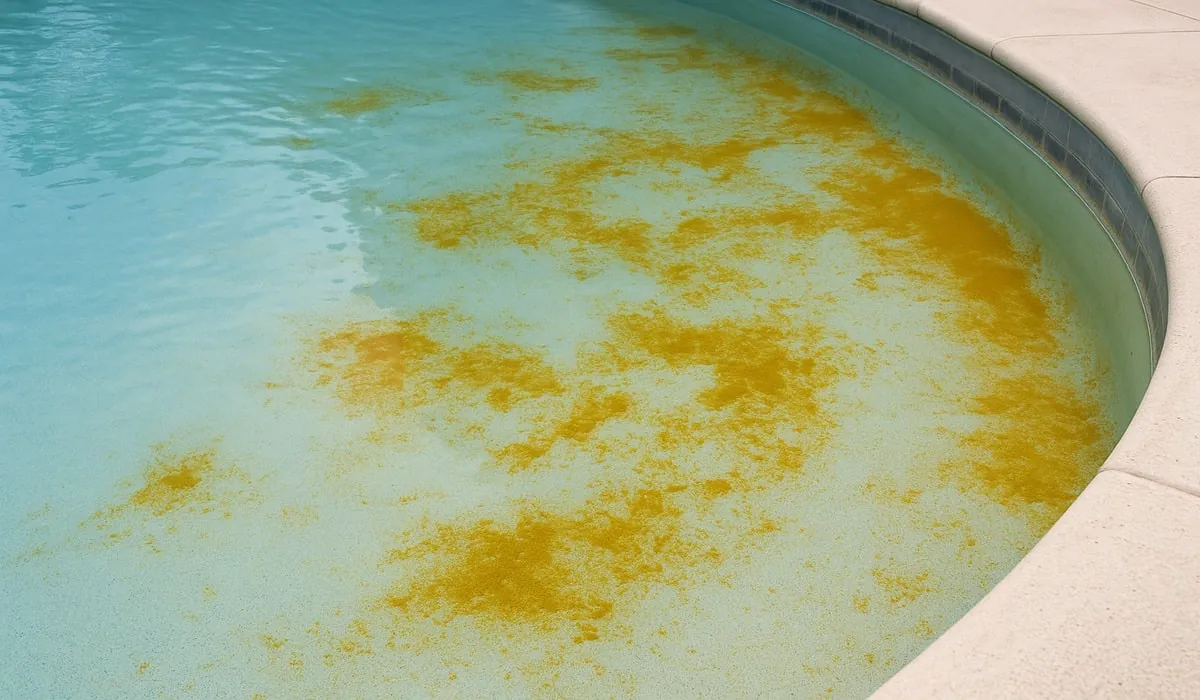 Pool owner examining a yellow stain on the pool wall.