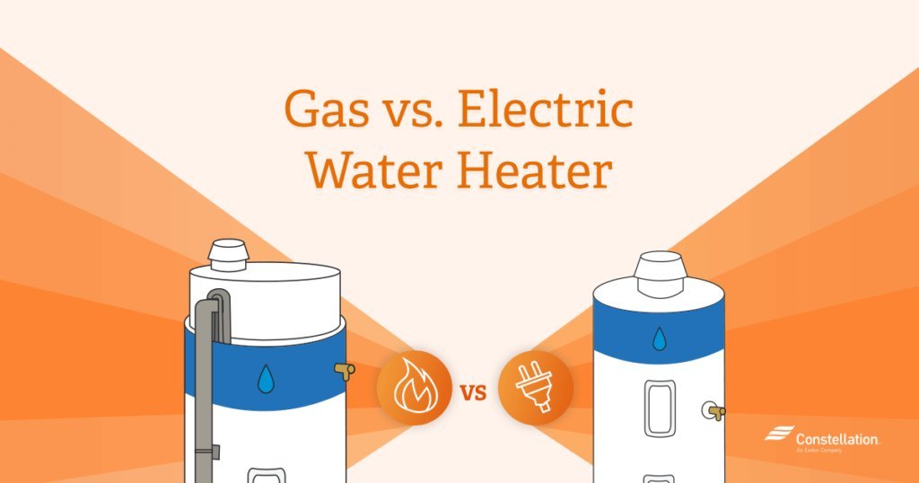 A professional comparison of gas and electric water heaters in a home utility room.