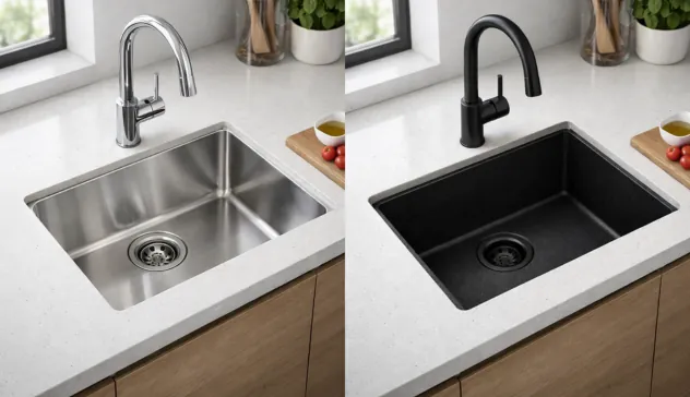 A professional installer securing a heavy kitchen sink to the cabinet frame.
