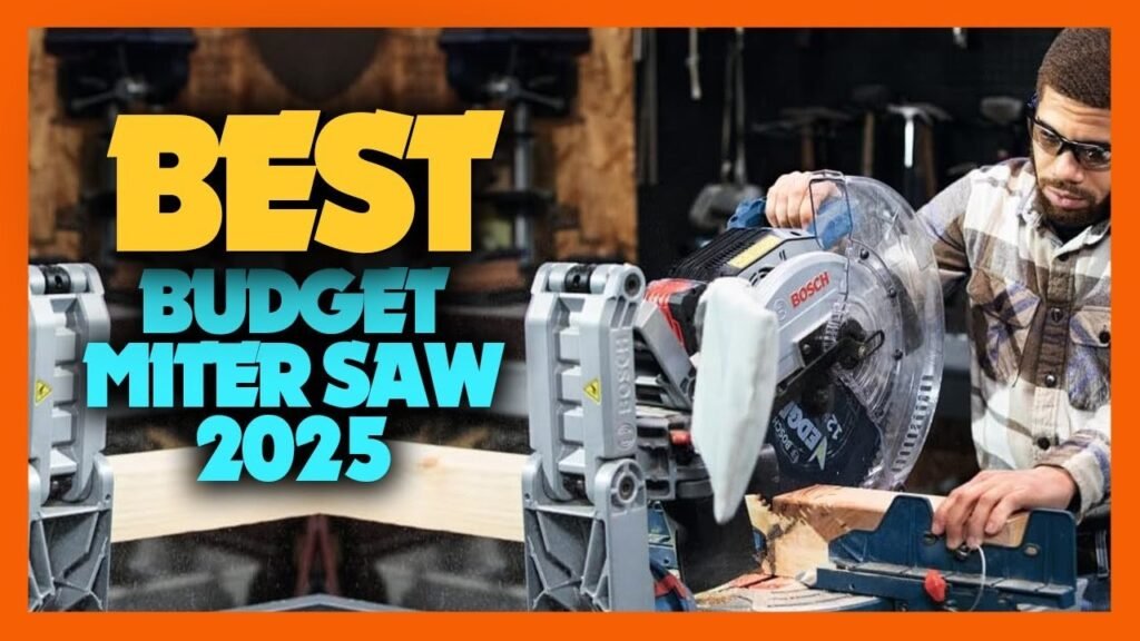 A professional miter saw sits on a wooden workbench in a bright workshop.