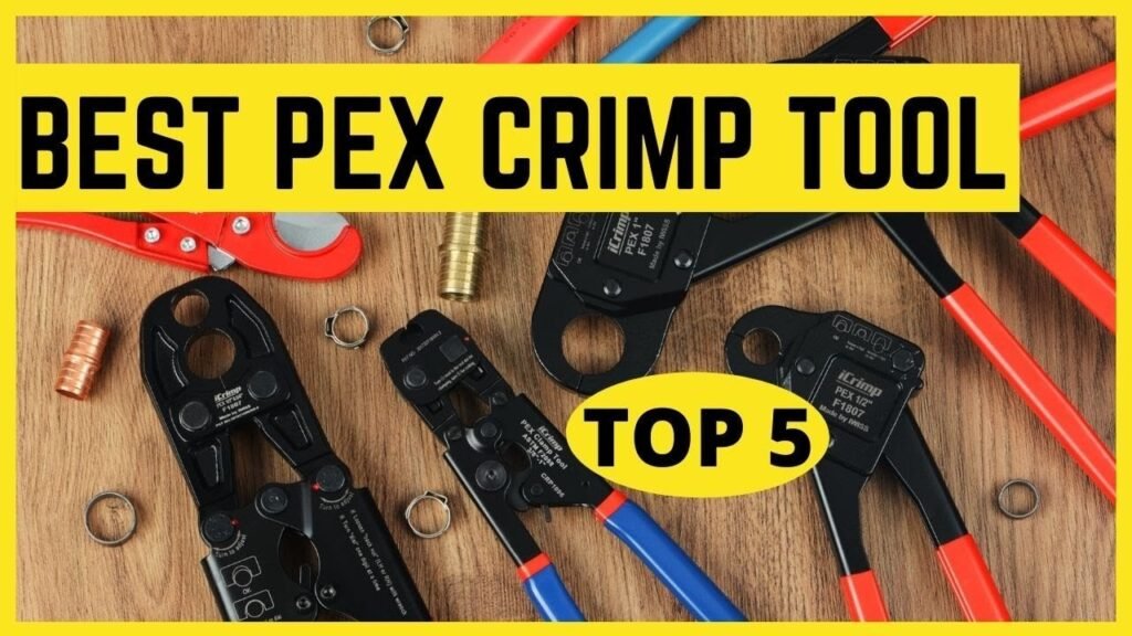 Professional PEX crimp tools and plumbing fittings arranged on a clean wooden workbench.