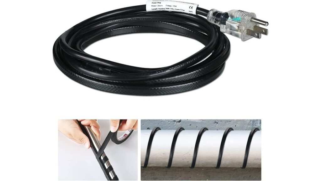 Professional plumber wrapping a heat tape cable around a copper pipe for winter protection.