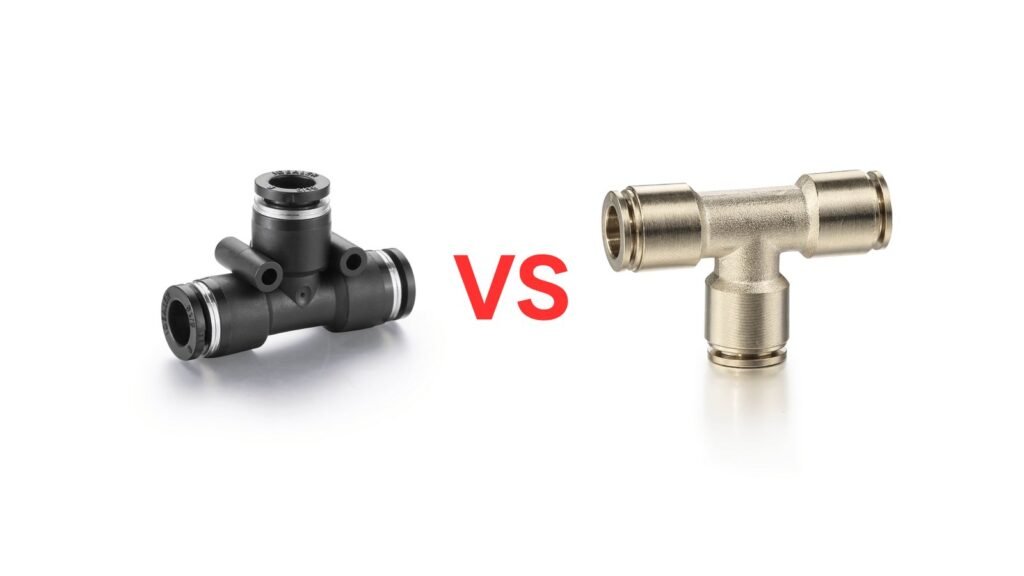 A professional push to connect fitting sits on a workbench for plumbing projects.
