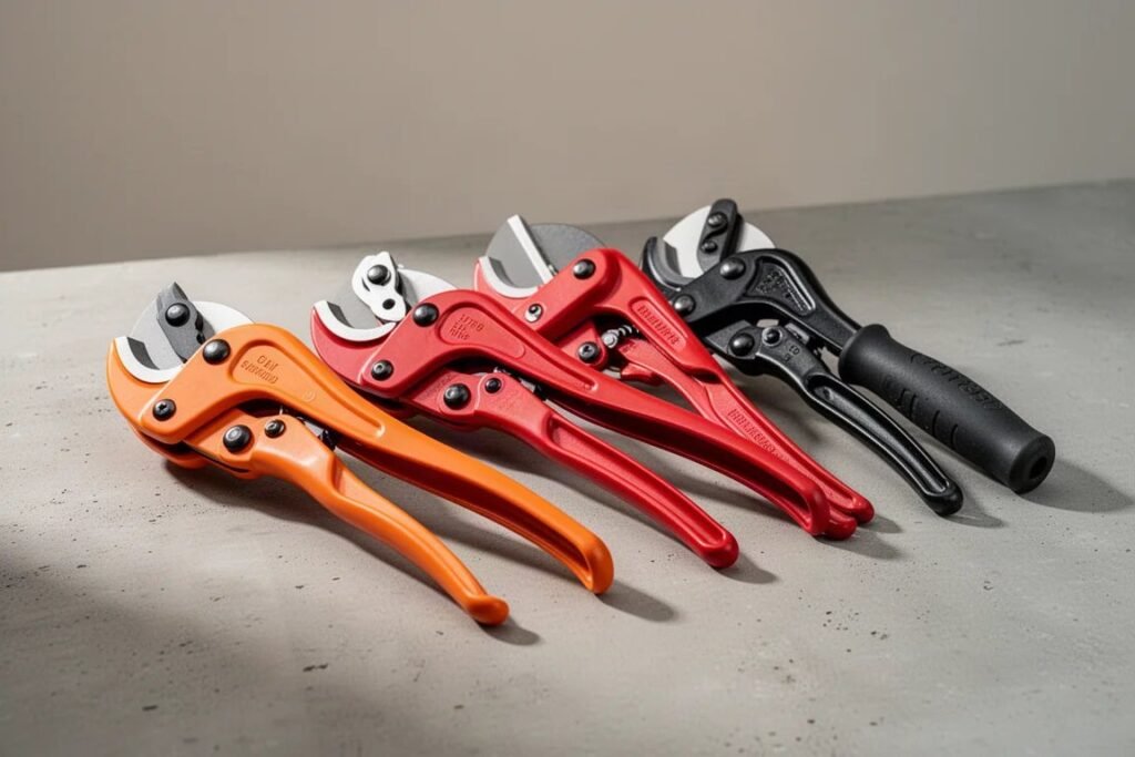 A professional selection of Milwaukee pipe cutters arranged on a clean workshop workbench.