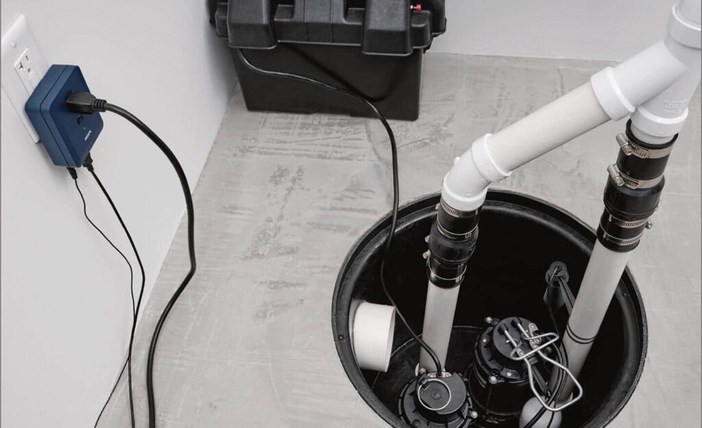 A professional sump pump system installed in a clean modern basement floor.