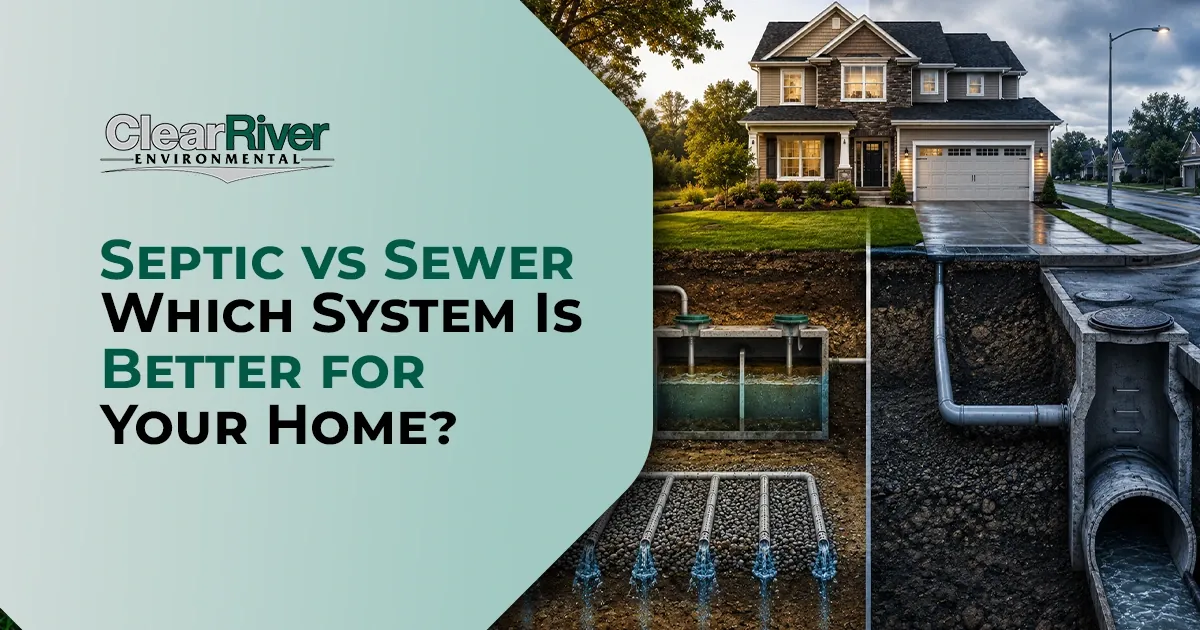 A professional technician inspects a septic tank system in a residential backyard setting.