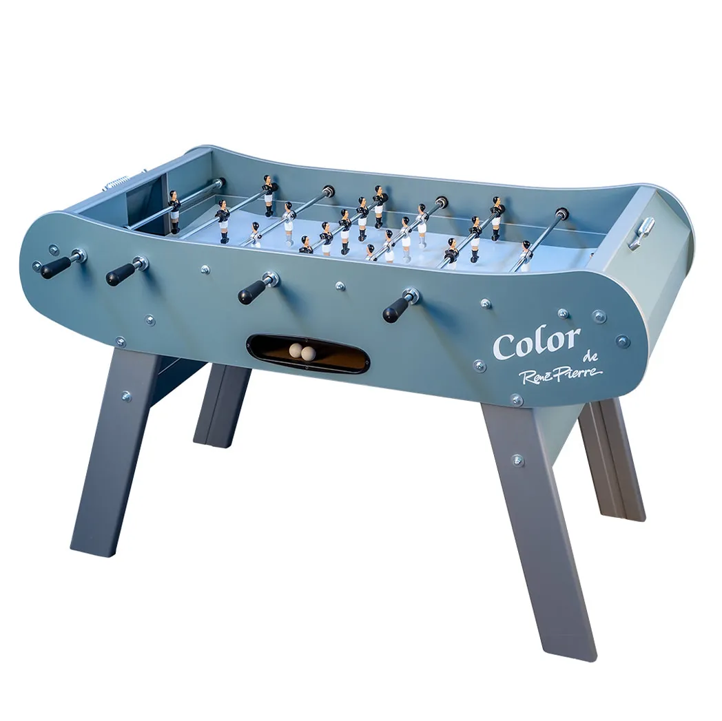 Professional tournament foosball table with steel rods and wooden players in a game room