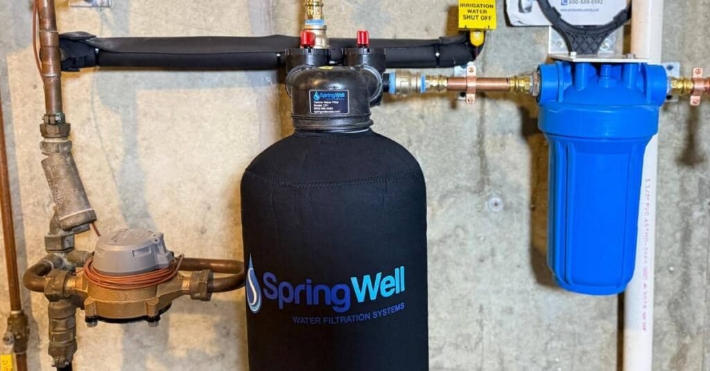 A professional whole house sediment pre-filter system installed on clean residential plumbing pipes.