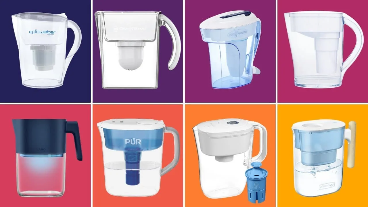 A Pur Plus water filter pitcher being filled with fresh water from a faucet.