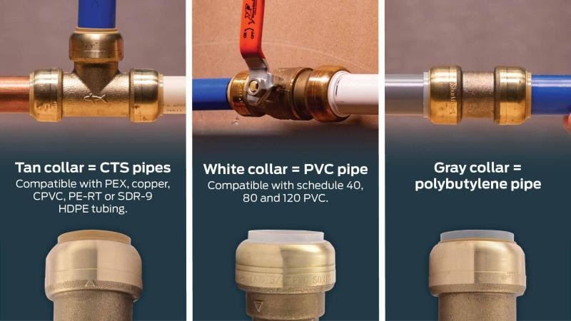 A push-to-connect fitting and a copper fitting side by side for plumbing comparison.